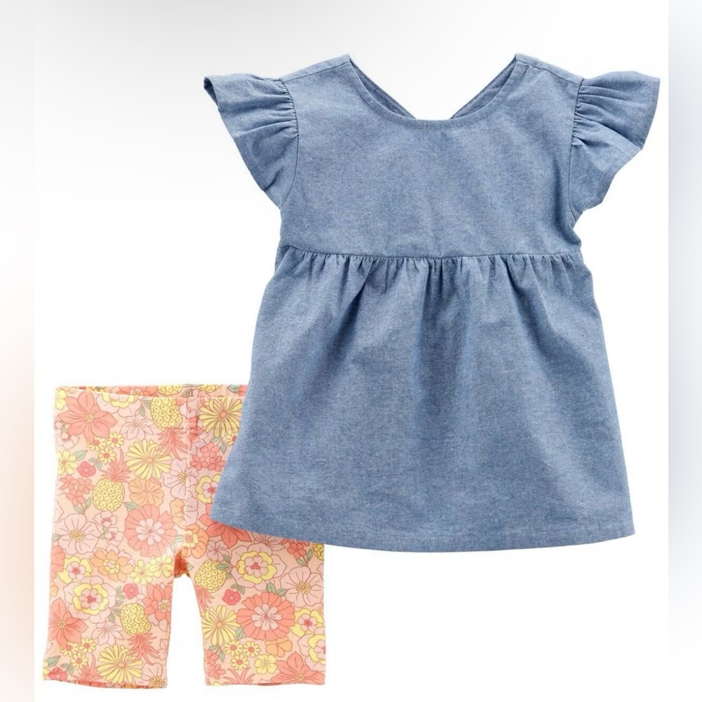 2pc Carter’s toddler Chambray flutter top with peach floral biker shorts/Size: 4